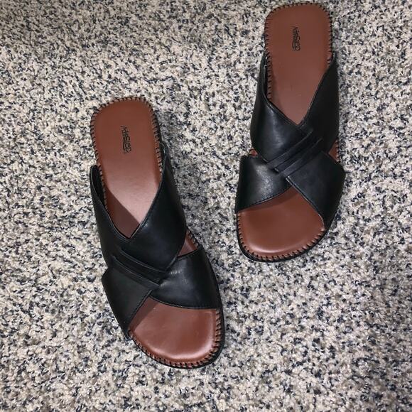 AirStep Black Leather Slide Sandals Women’s Comfort Slip On Wedge Size 9W - Picture 3 of 11